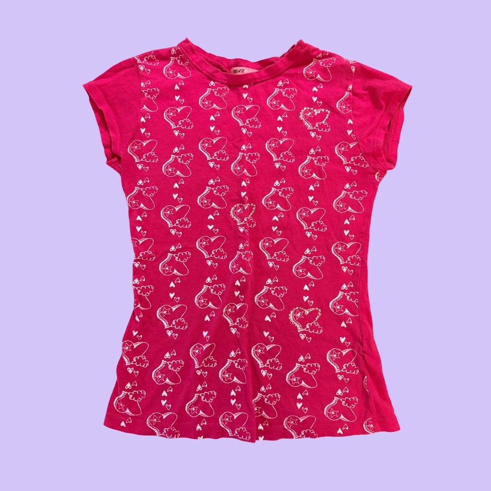 Y2K Max Rave Hot Pink Heart Star Graphic T-Shirt Rhinestone Baby Tee Scene #16